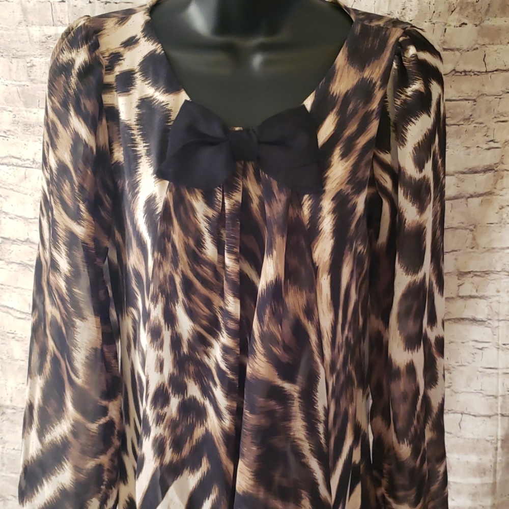 Animal print long sleeve blouse with bow